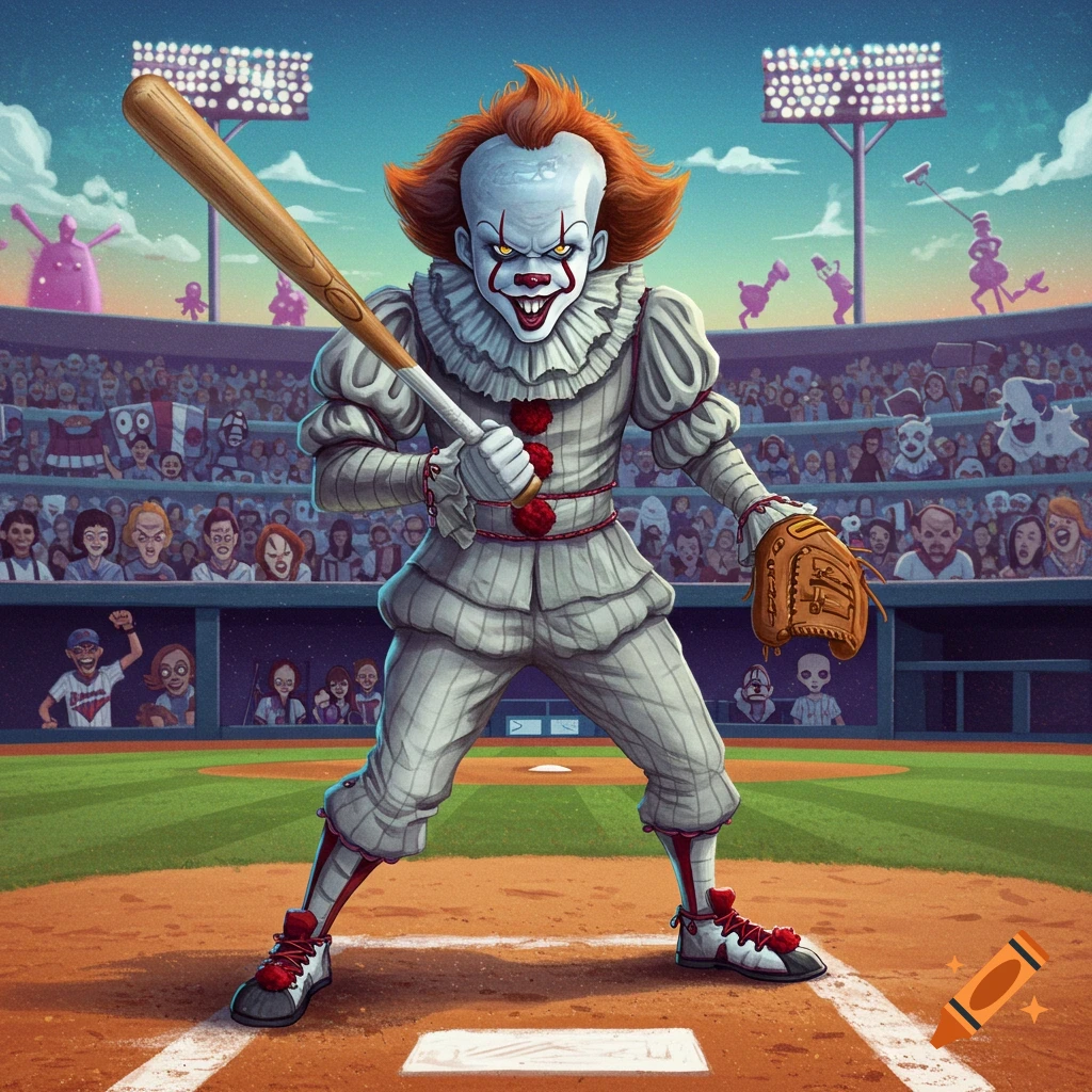 Pennywise the clown holding a baseball bat and mitt on a baseball field in a stadium filled with spectators.