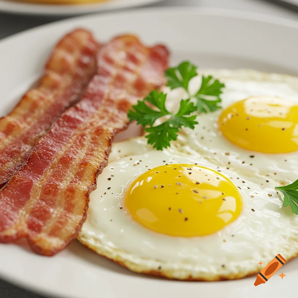 Photorealistic close-up of two strips of bacon and two fried eggs with parsley garnish on a white plate.
