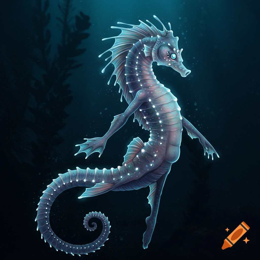 A glowing seahorse-human creature swimming underwater.