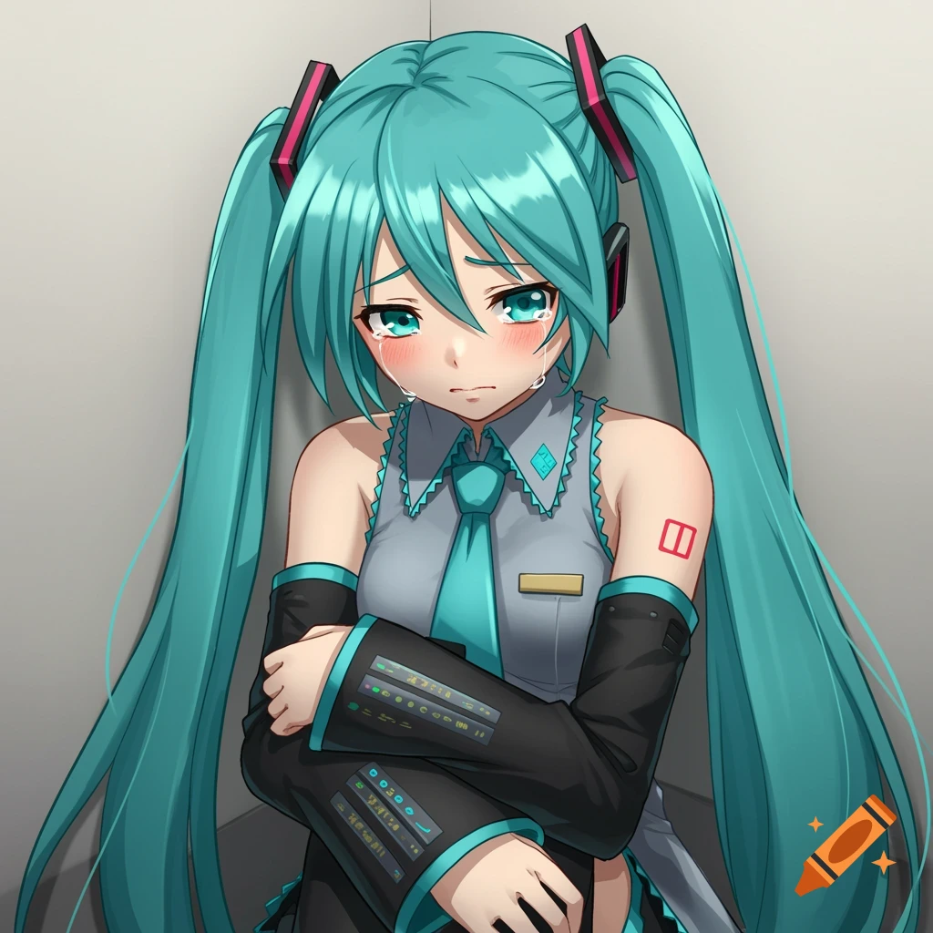 An anime character, Hatsune Miku, cries while hugging herself.