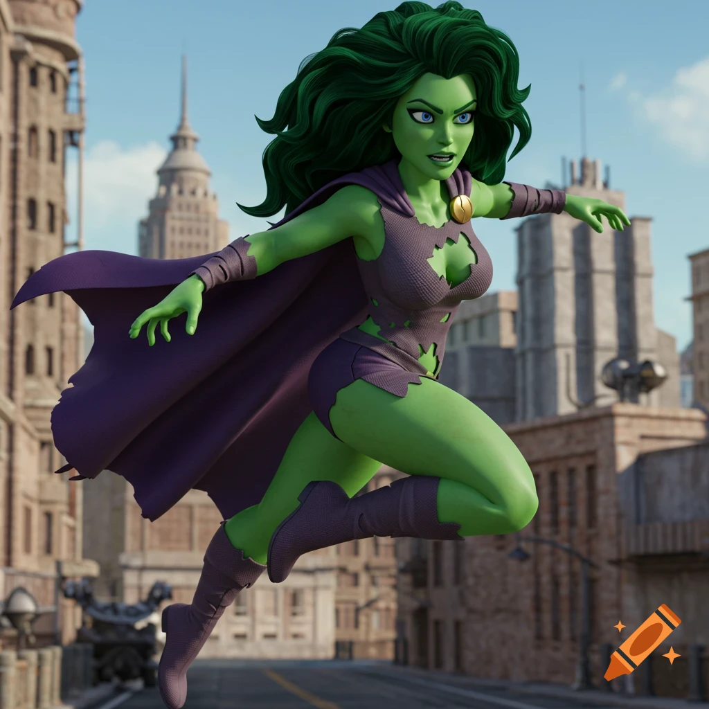 CGI rendering of a green-skinned superhero in a purple costume and cape jumping above a city street