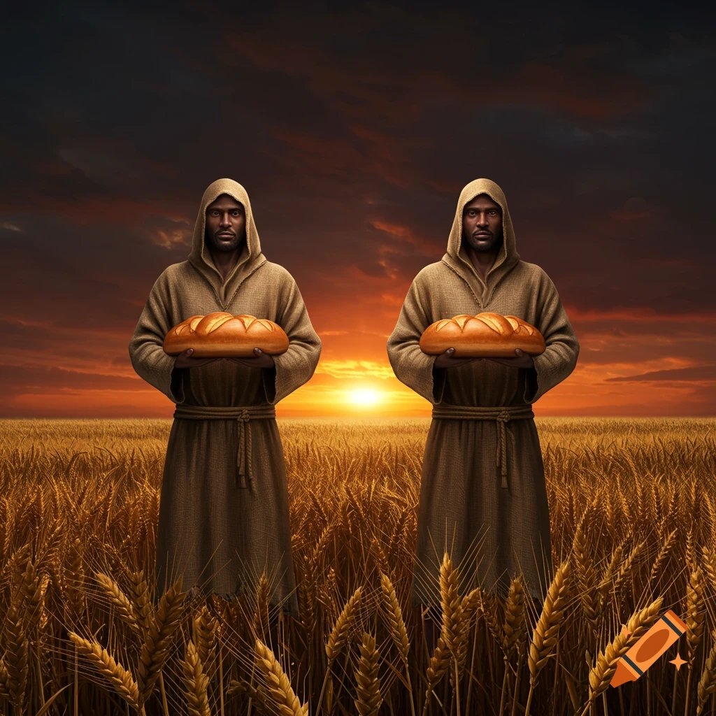 Two hooded men holding bread in a wheat field at sunset.
