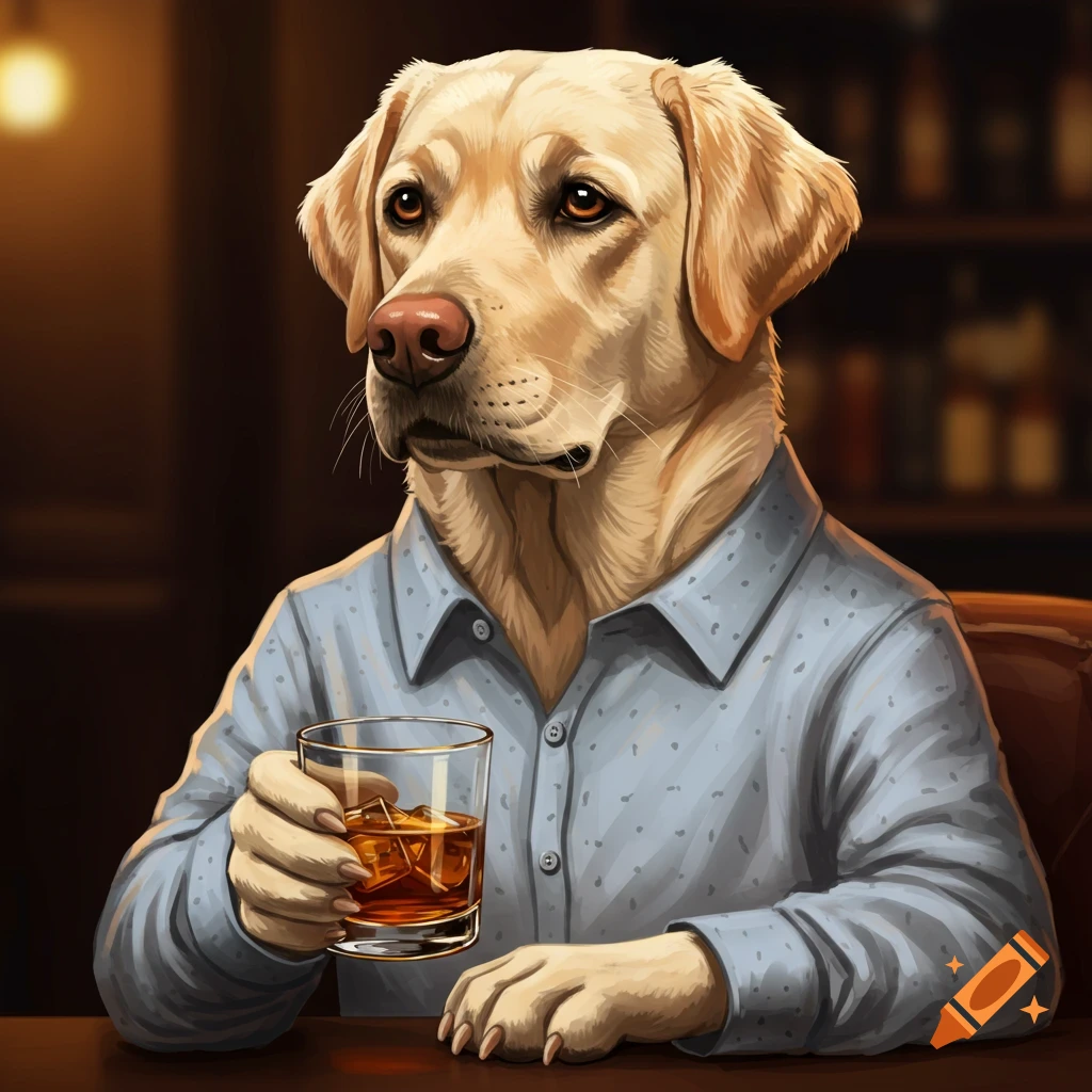 An anthropomorphic yellow lab dog in a blue shirt, holding a glass of whiskey in a bar.