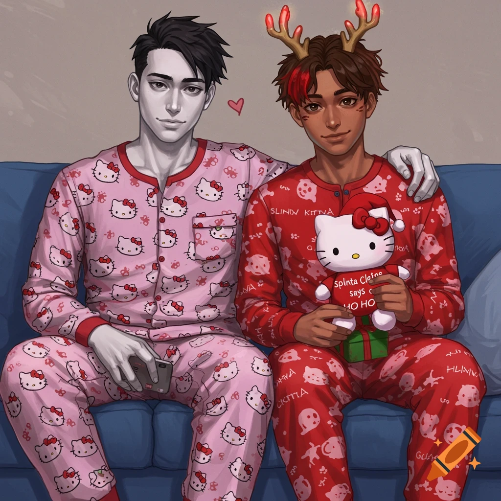 Two men in Hello Kitty pajamas on a couch, one holding a Christmas plushie.