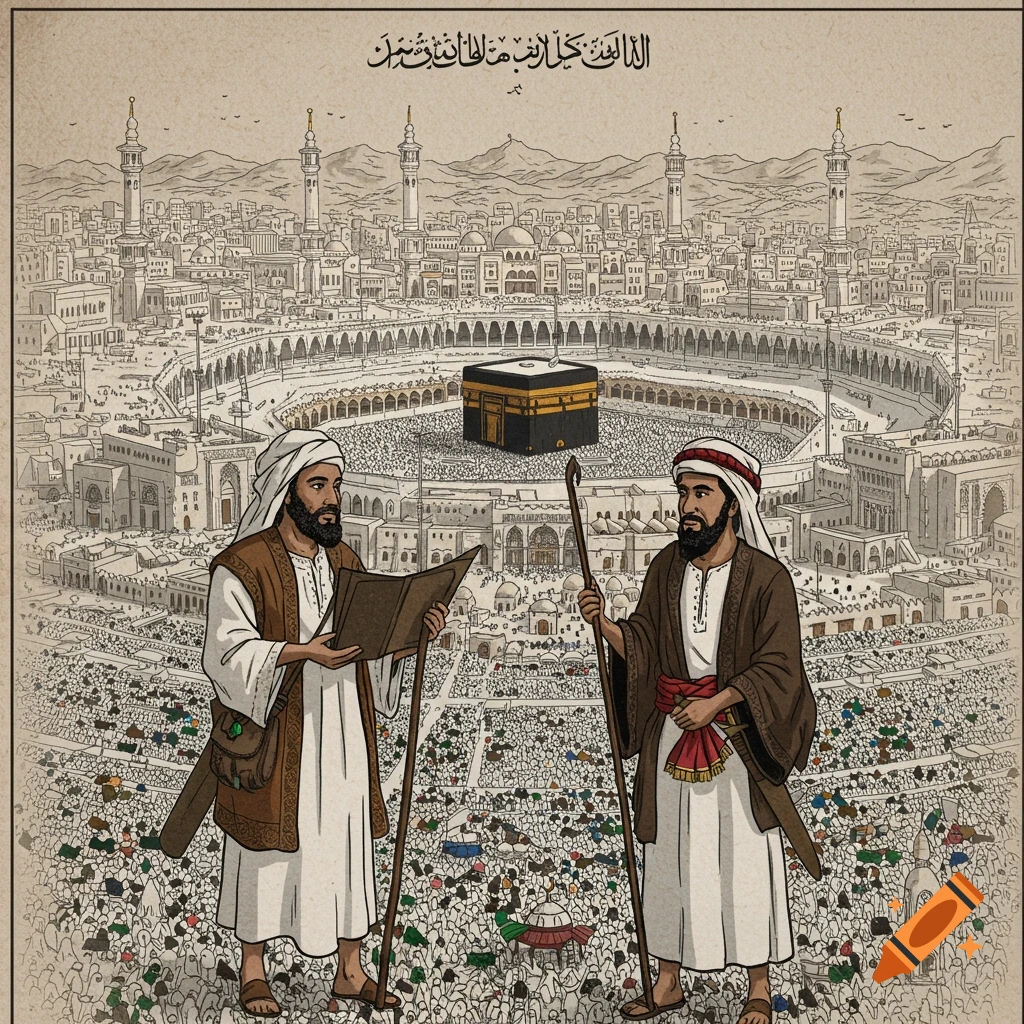 Illustrated scene of two men holding staffs and books in front of the Kaaba in Mecca, surrounded by a large crowd. Cityscape and mountains in background.