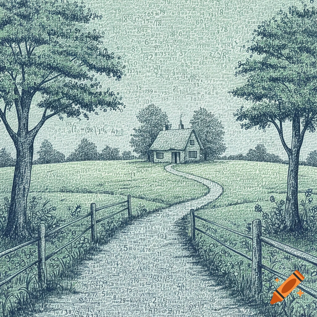 Drawing of a cottage and landscape made entirely of numbers and math equations.