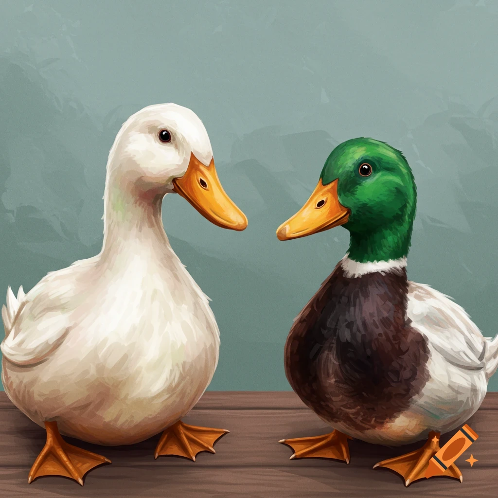 A white duck and a mallard facing each other