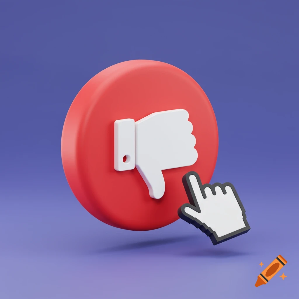 3D render of a hand cursor clicking a dislike button icon
