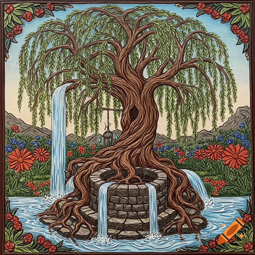 A leather-tooled illustration of a twisted willow tree with roots entwined around a stone well, with waterfalls cascading from its branches into a pool, surrounded by flowers and mountains.