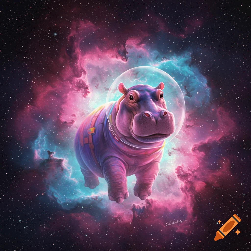 A purple hippo in a space helmet floats among stars and nebulas.