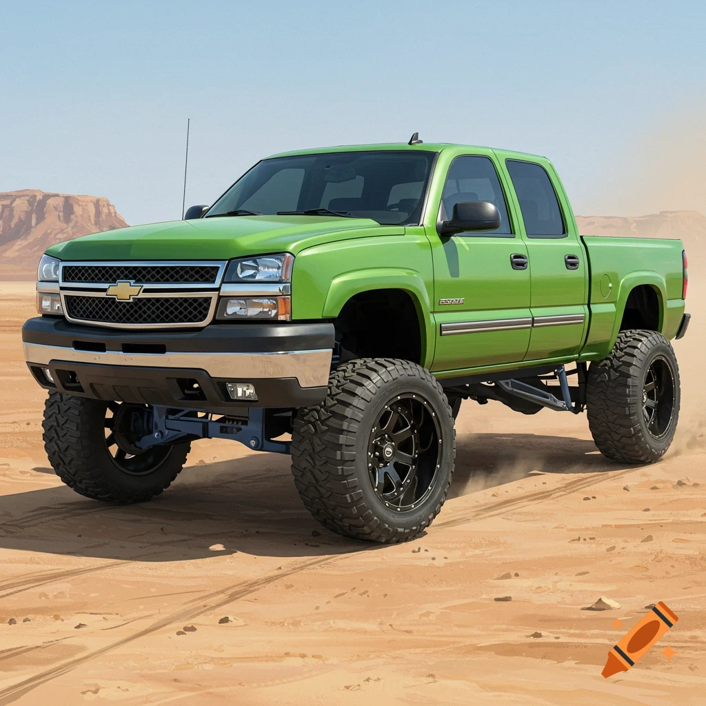 A lifted green 2006 Silverado truck in a desert landscape.