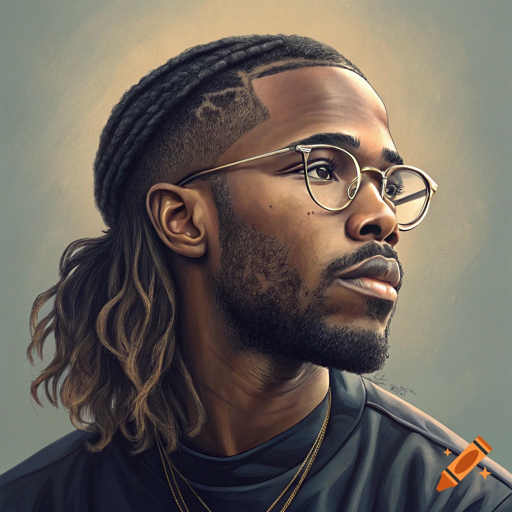 A man with braided hair, a mullet, glasses, and a beard, looking up.
