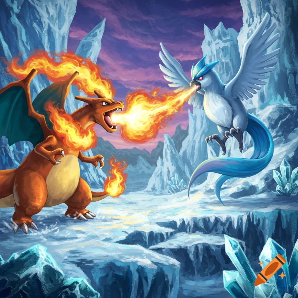 Charizard battles Articuno with fire and ice in an icy cave.
