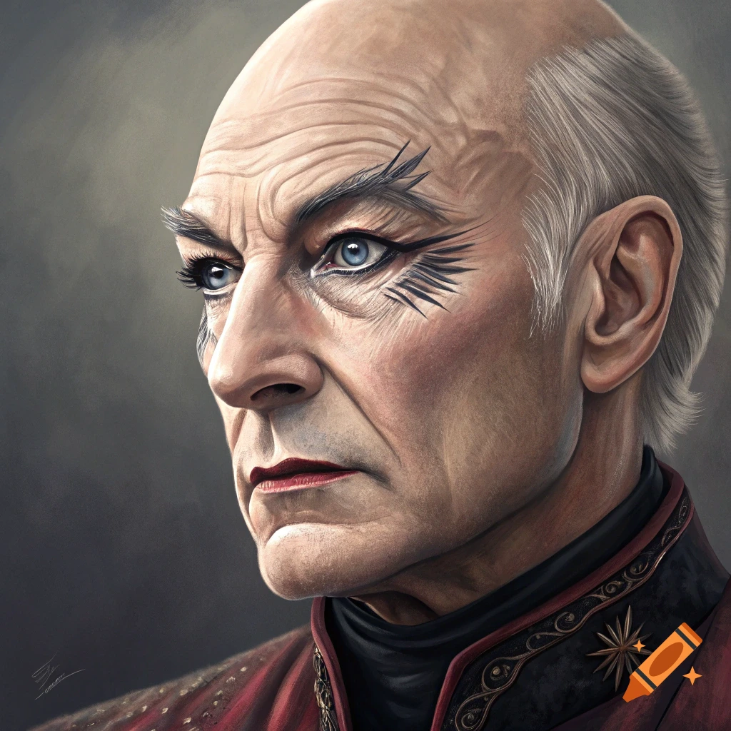 Portrait of a man with dramatic eye makeup, red lips, and an ornate red and black costume.