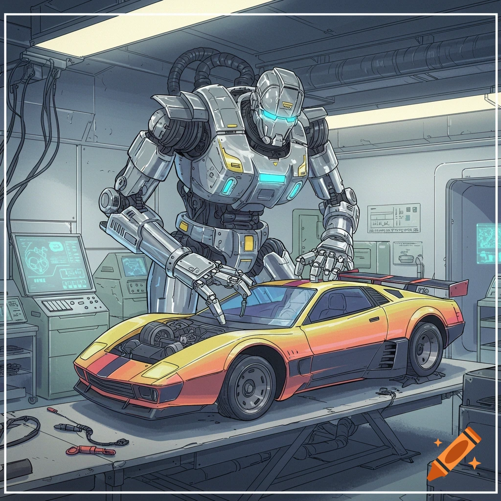 A large robot works on a yellow sports car in a futuristic workshop, digital illustration.