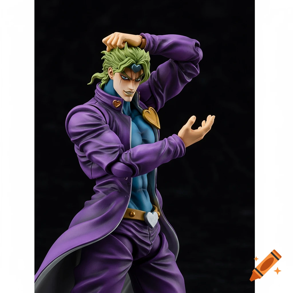An S.H. Figuarts style figure of Dio Brando posing with green hair and a purple coat.