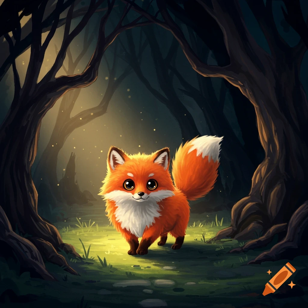 A cute cartoon fox walks on a glowing path in a dark forest.