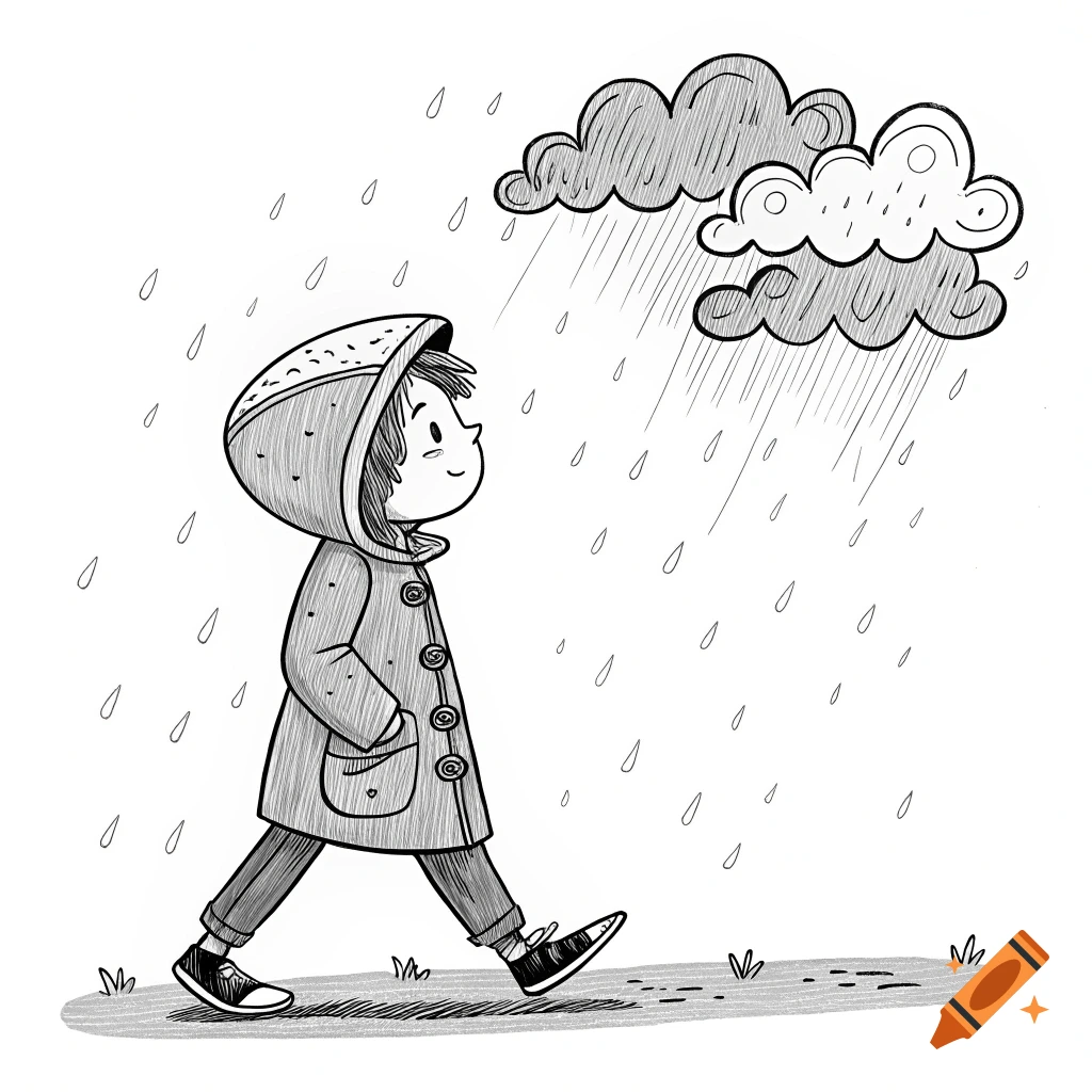 Black and white line drawing of a child walking in the rain wearing a hooded coat.