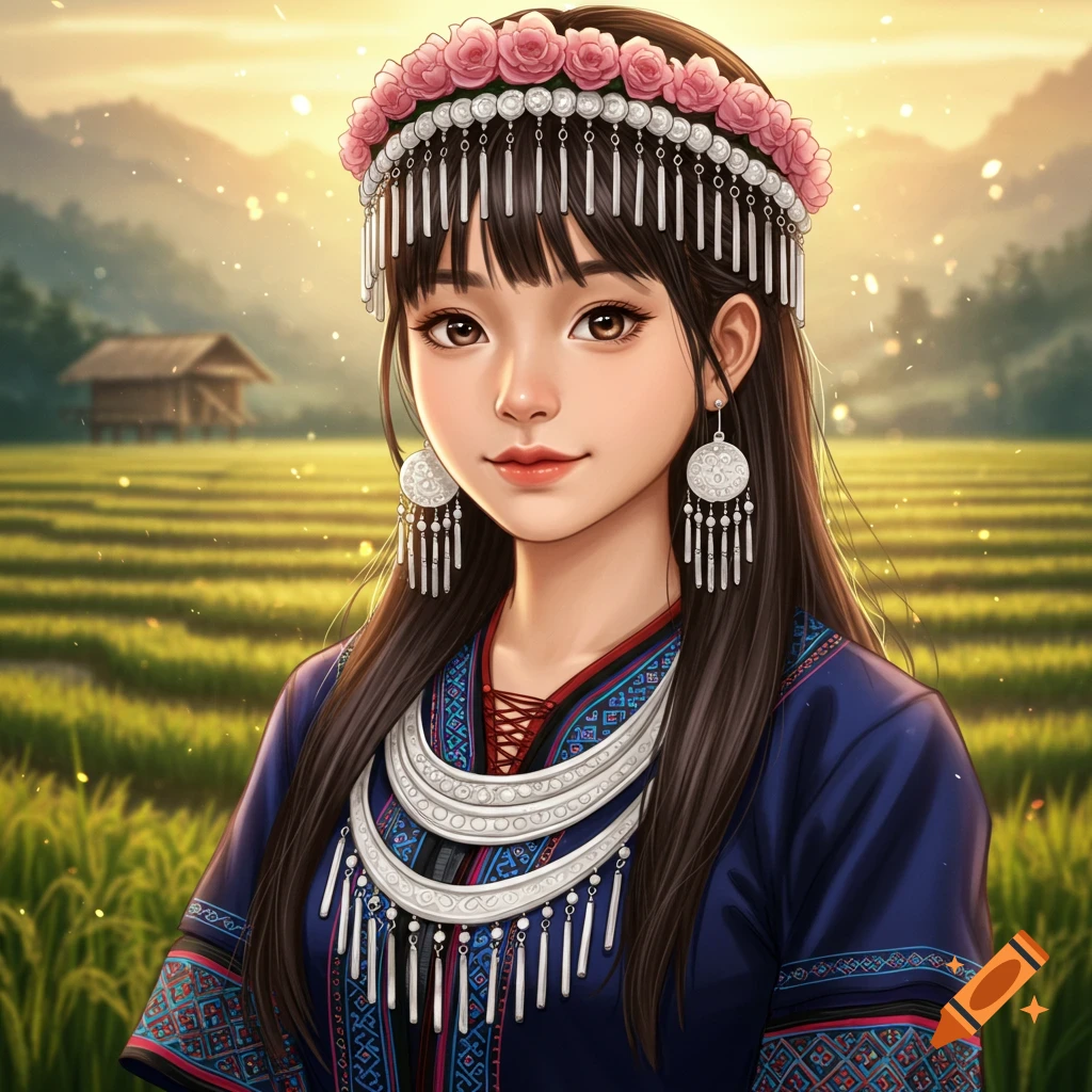 Digital illustration of a Hmong girl in traditional dress in a rice field landscape.