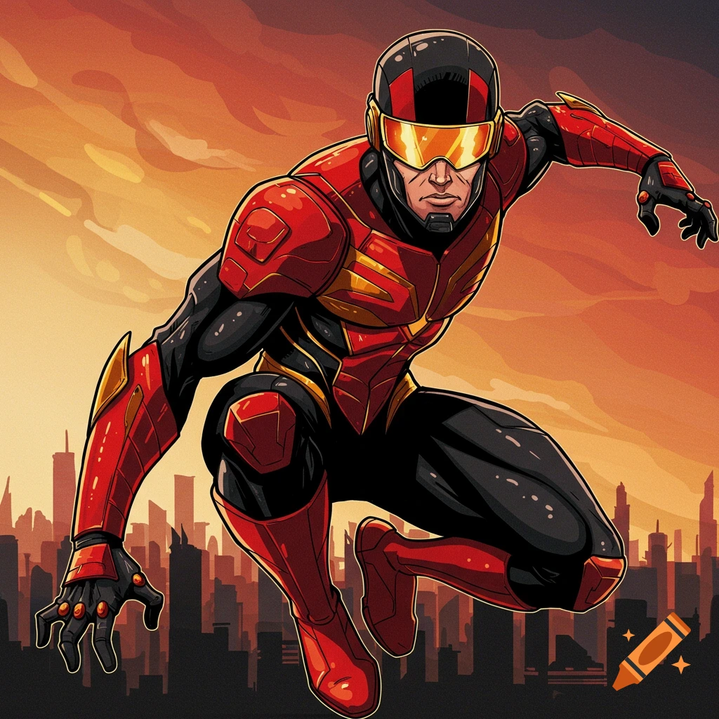 A superhero in a red, black, and gold suit with goggles kneels over a city skyline at sunset.