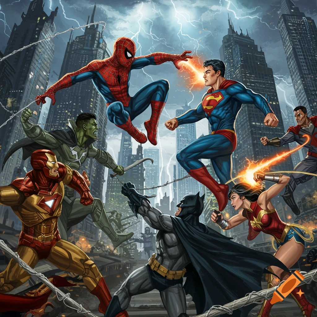 A group of Marvel and DC superheroes including Spider-Man, Superman, Batman, and Wonder Woman are engaged in a battle within a city.
