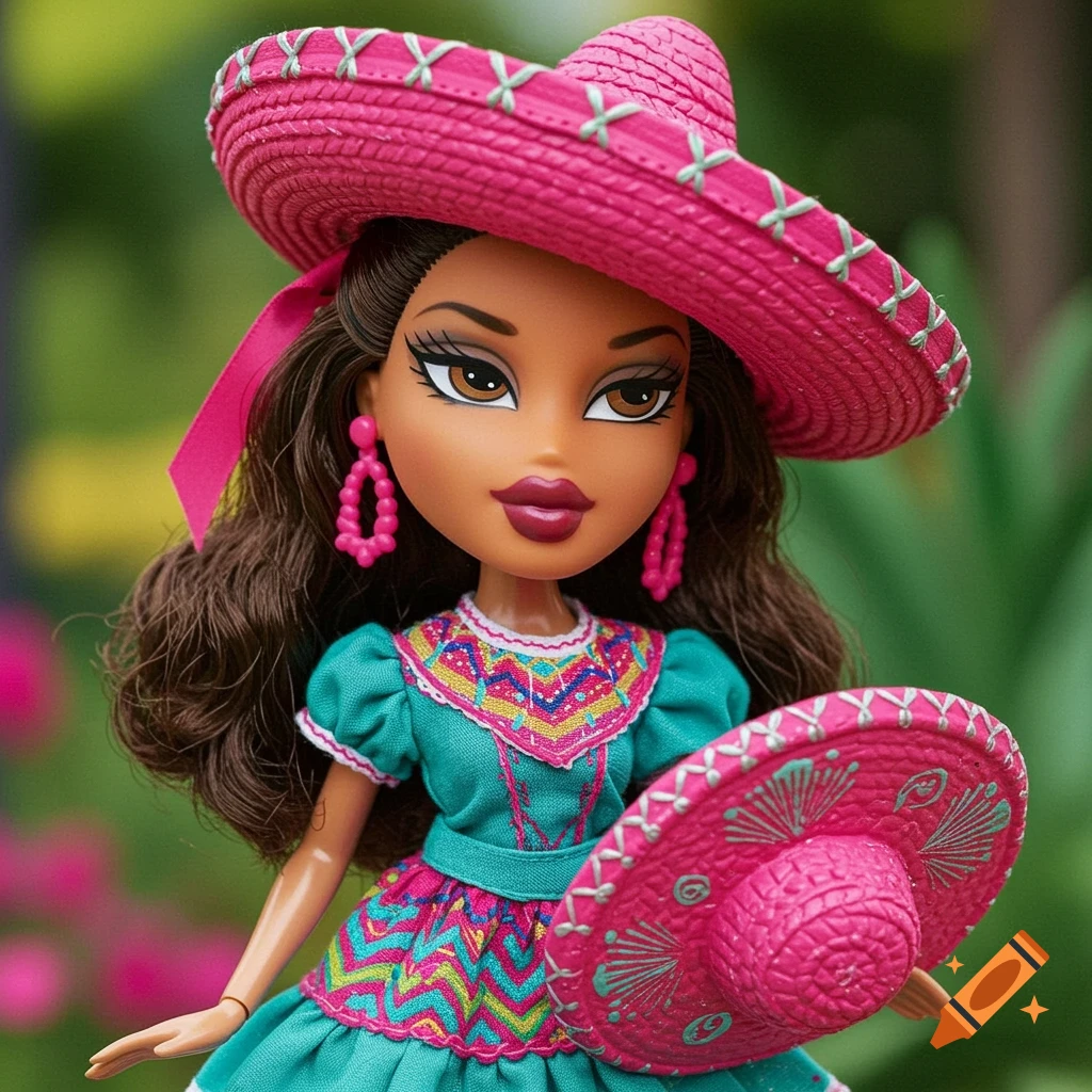 A Bratz doll in a pink sombrero and turquoise dress with colorful embroidery, styled in a pop art aesthetic.