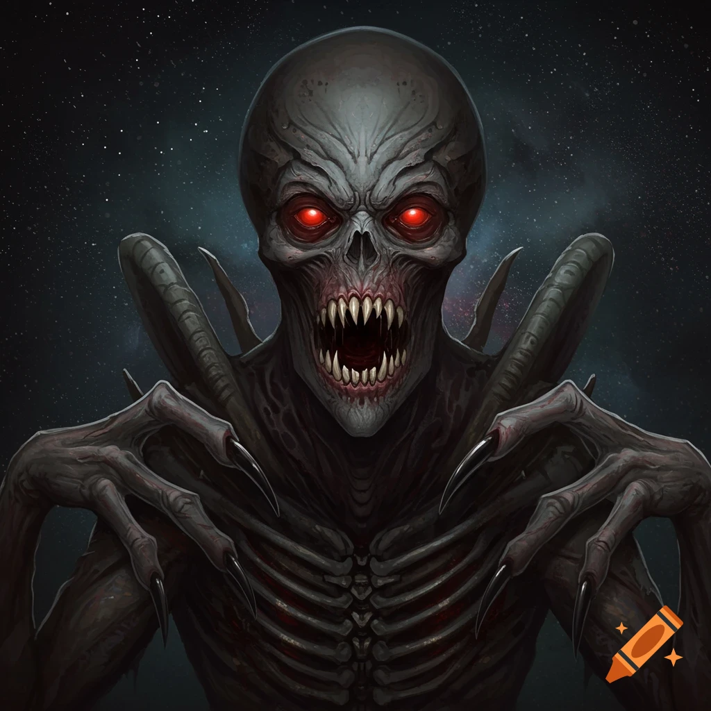 A scary space alien with red eyes and sharp teeth against a starry background.