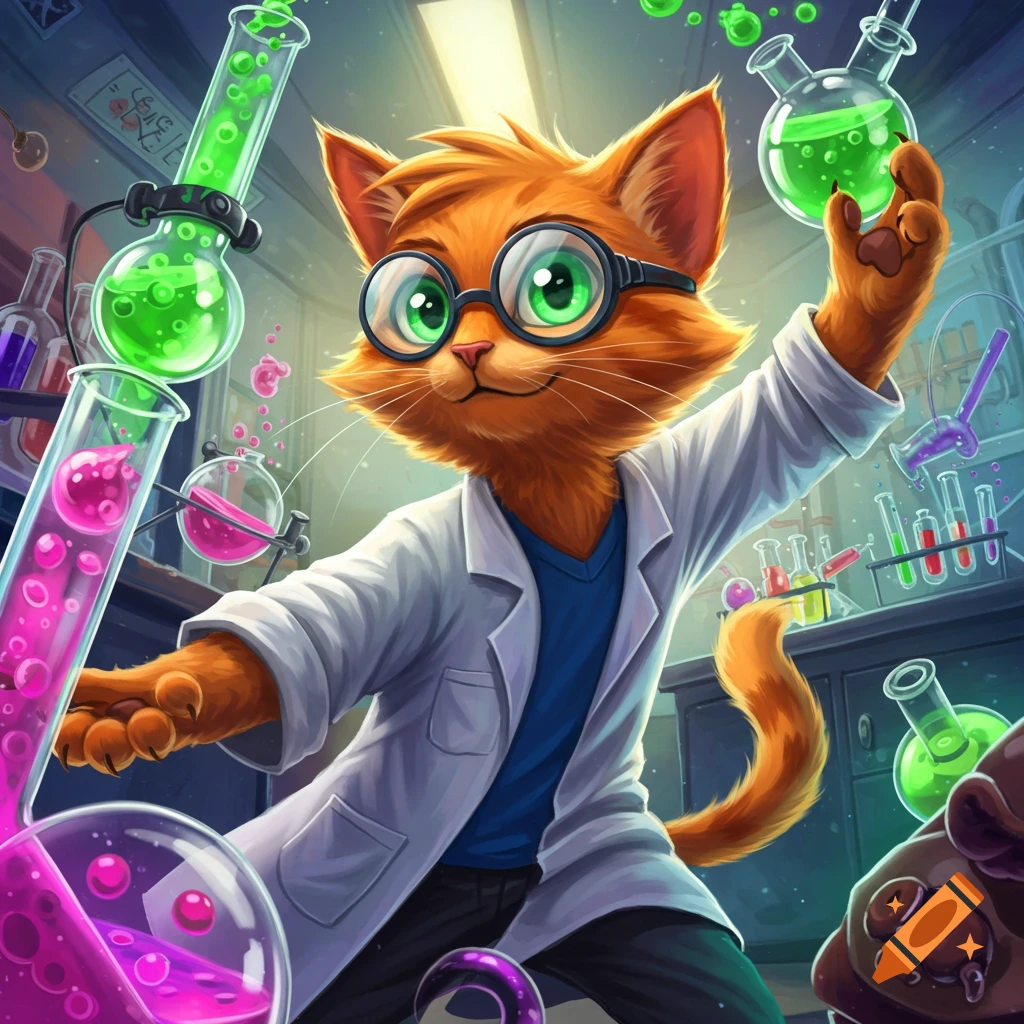 A cartoon orange cat wearing a lab coat and glasses works with colorful beakers and test tubes in a chemistry lab.