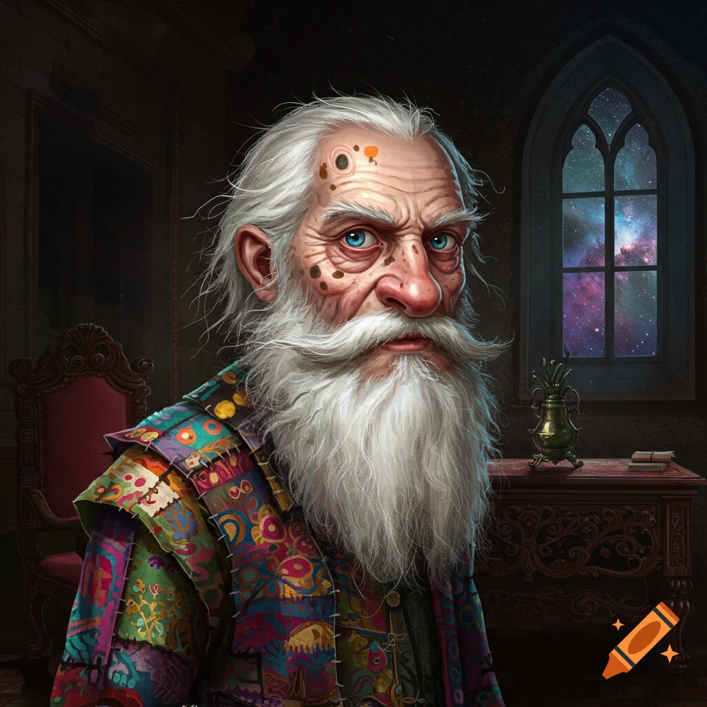 An old man with a white beard and blue eyes wearing a colorful patchwork coat, sitting in a dark room with a galaxy view out the window.