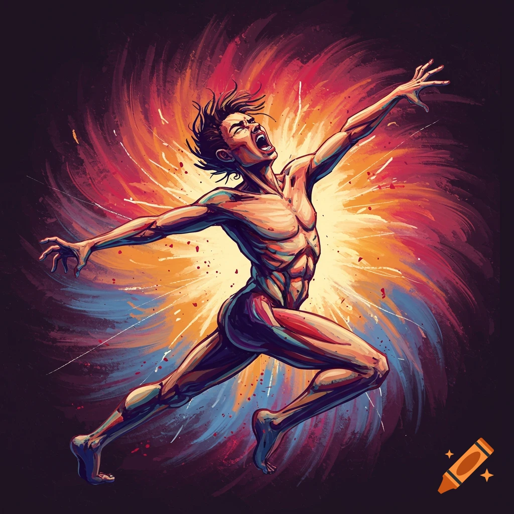 A muscular figure leaps with arms outstretched, screaming, against a vibrant, swirling abstract background.