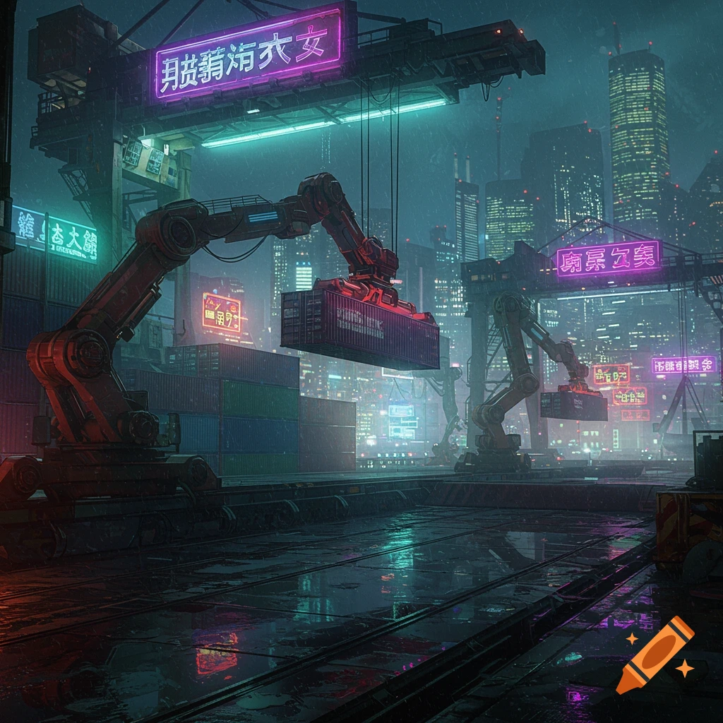 A cyberpunk dockyard with cranes moving shipping containers in the rain, futuristic city lights in the background.