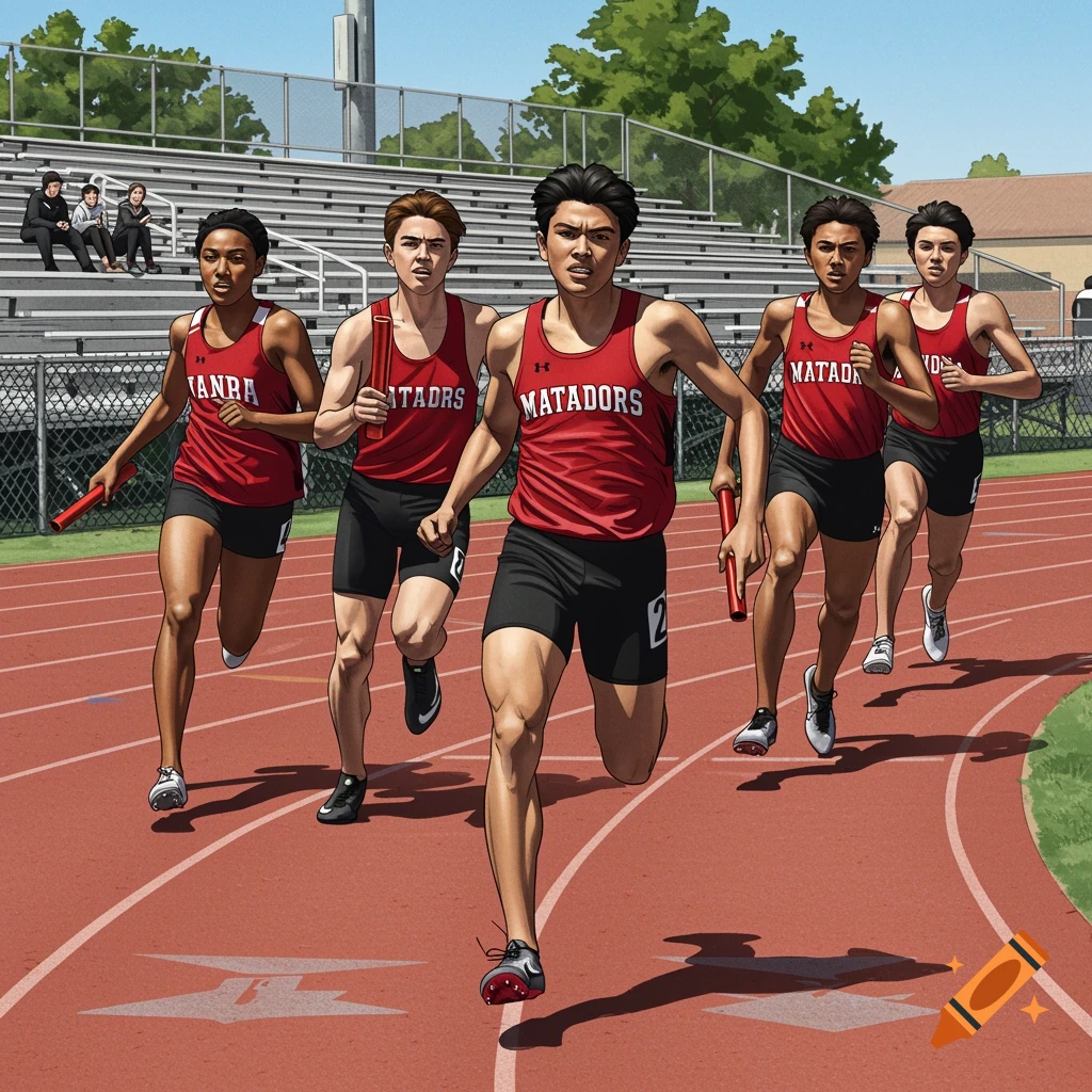 A group of runners in red and black uniforms race on a track.