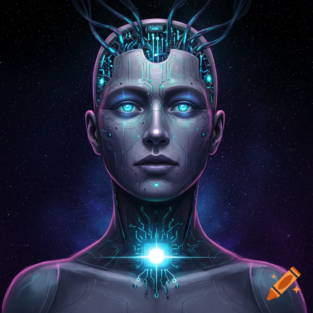 A cyborg head with glowing blue eyes and circuit patterns against a starfield background.