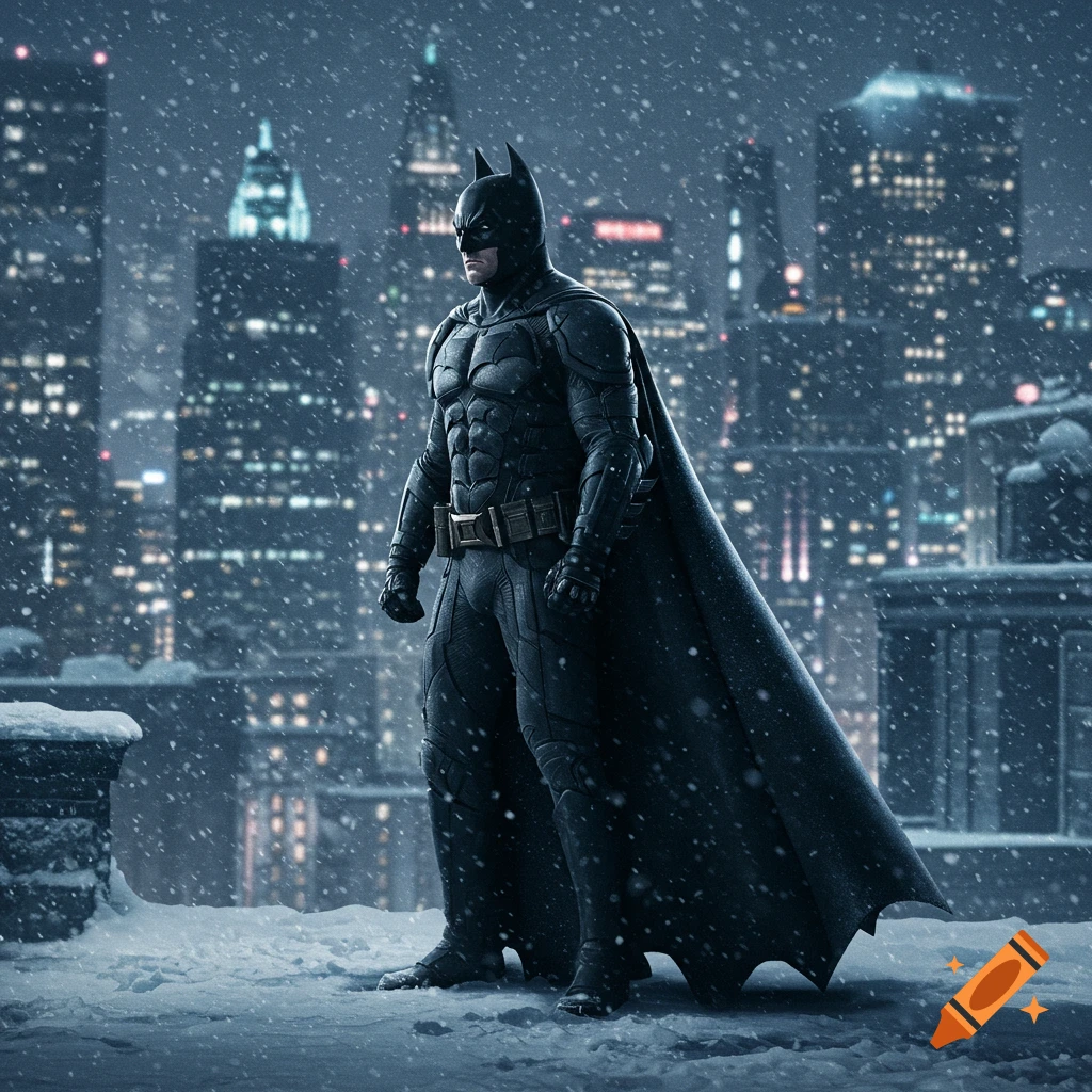 Photorealistic Batman standing on a snowy rooftop overlooking a city skyline at night