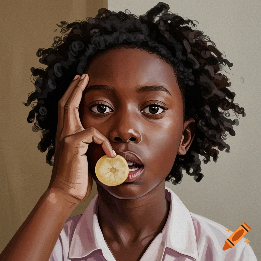 A young person with curly hair holds a lemon slice to their mouth.