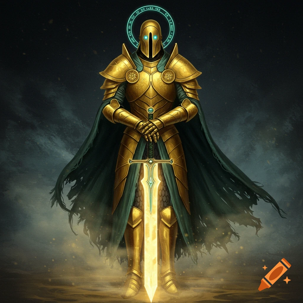 A golden armored figure with glowing eyes, sword, and halo.