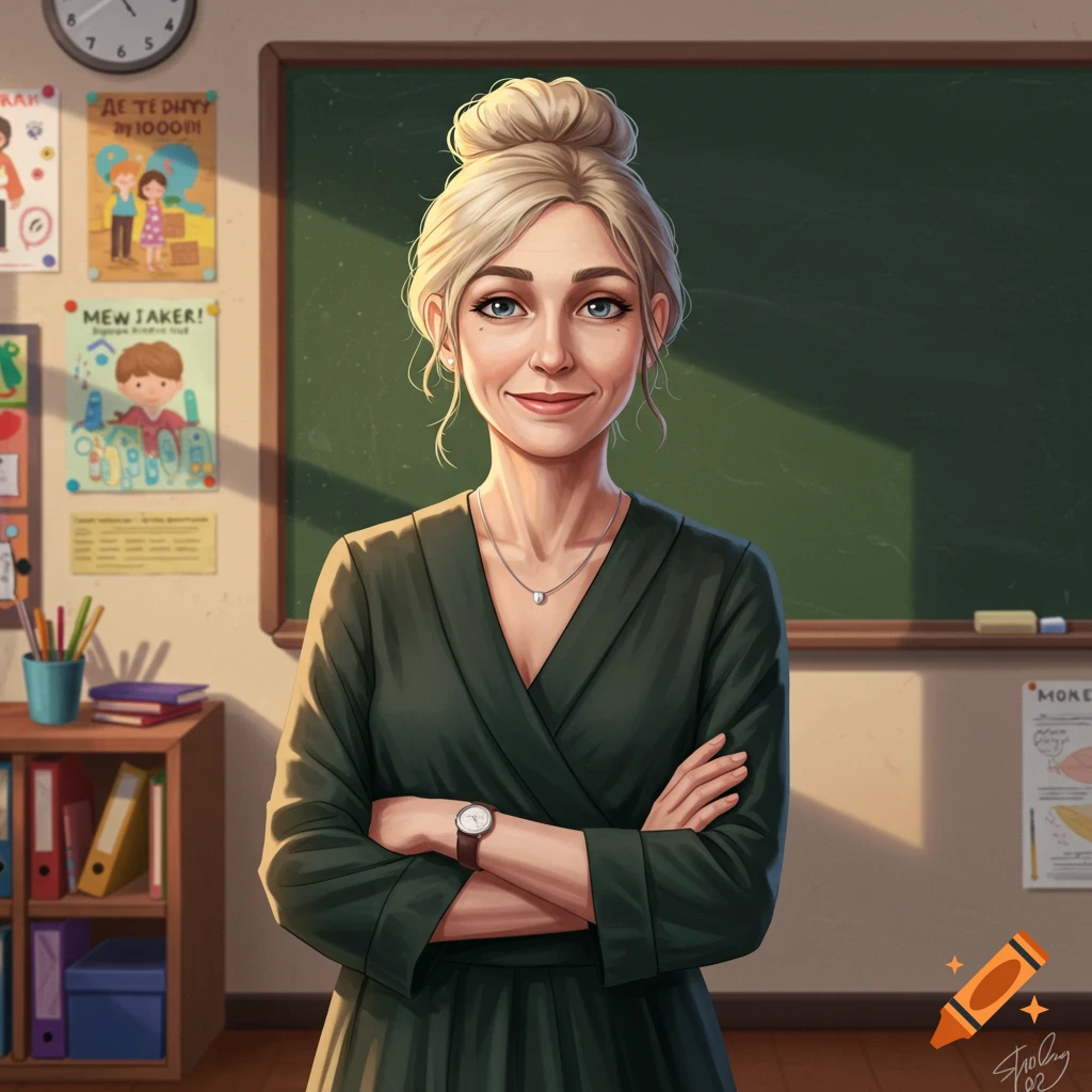 A female teacher with blonde hair in a bun, standing in a classroom with crossed arms.