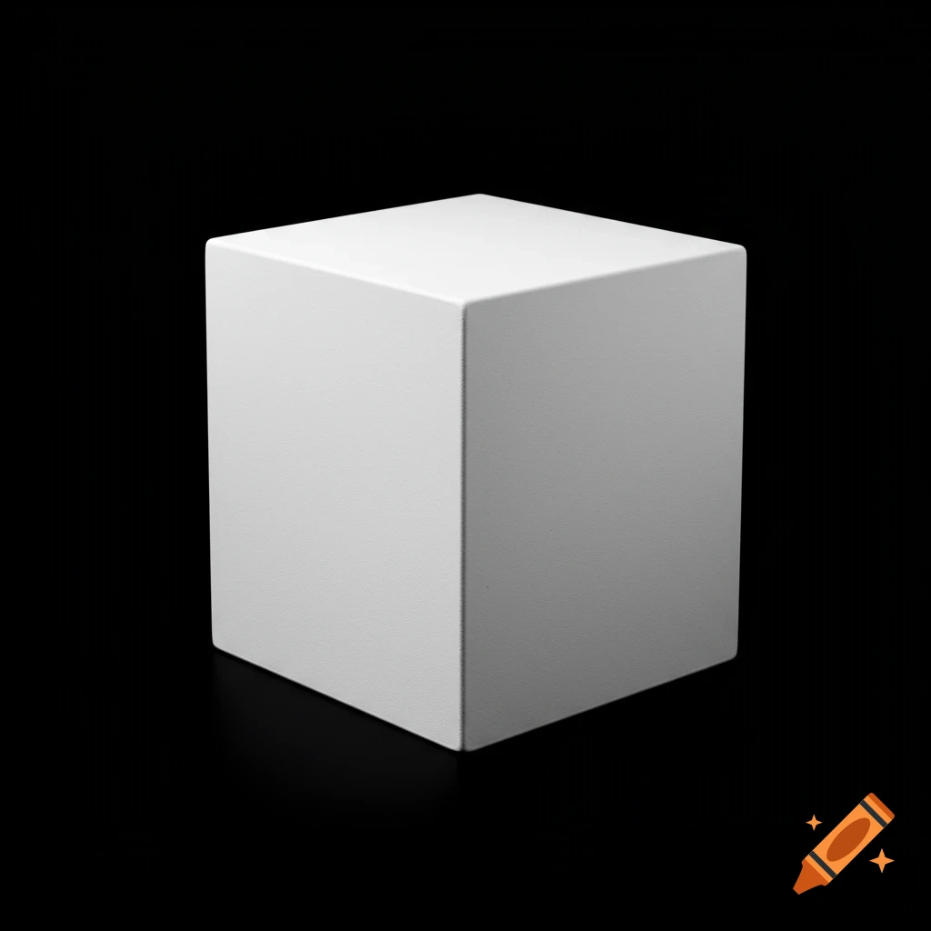 A white cube on a black background.