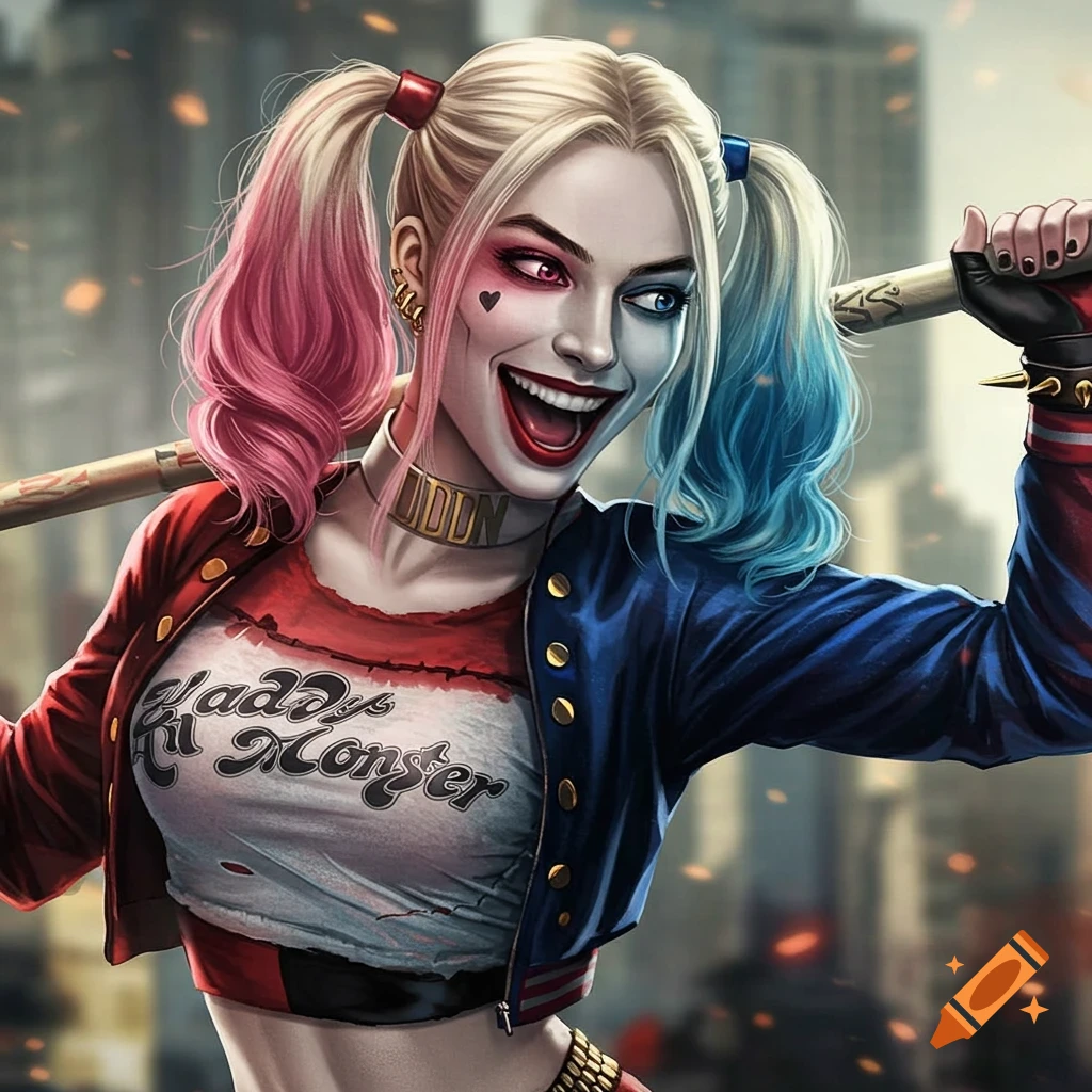 Illustration of Harley Quinn holding a baseball bat and smiling widely in front of a cityscape.
