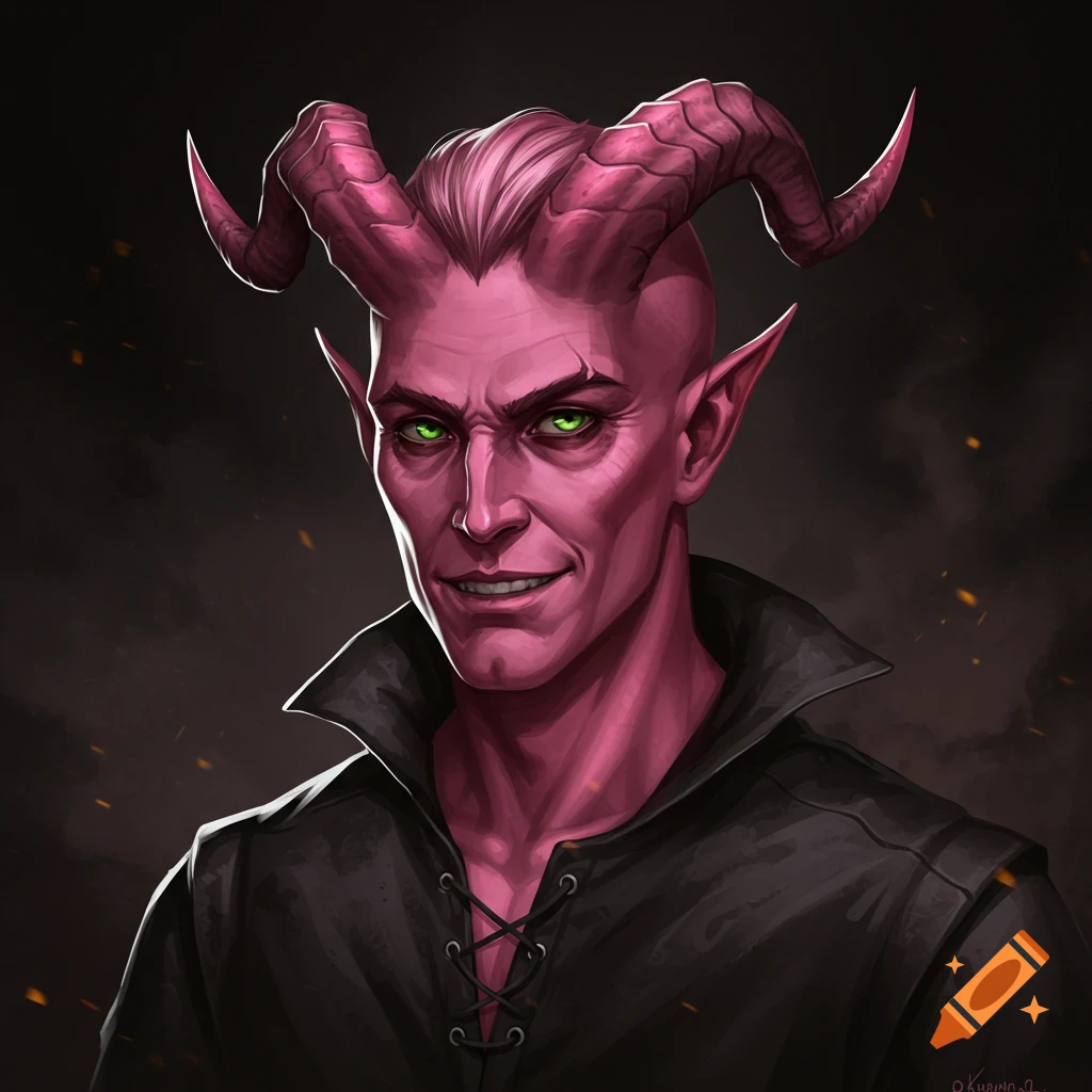 Pink-skinned Tiefling man with green eyes and horns.