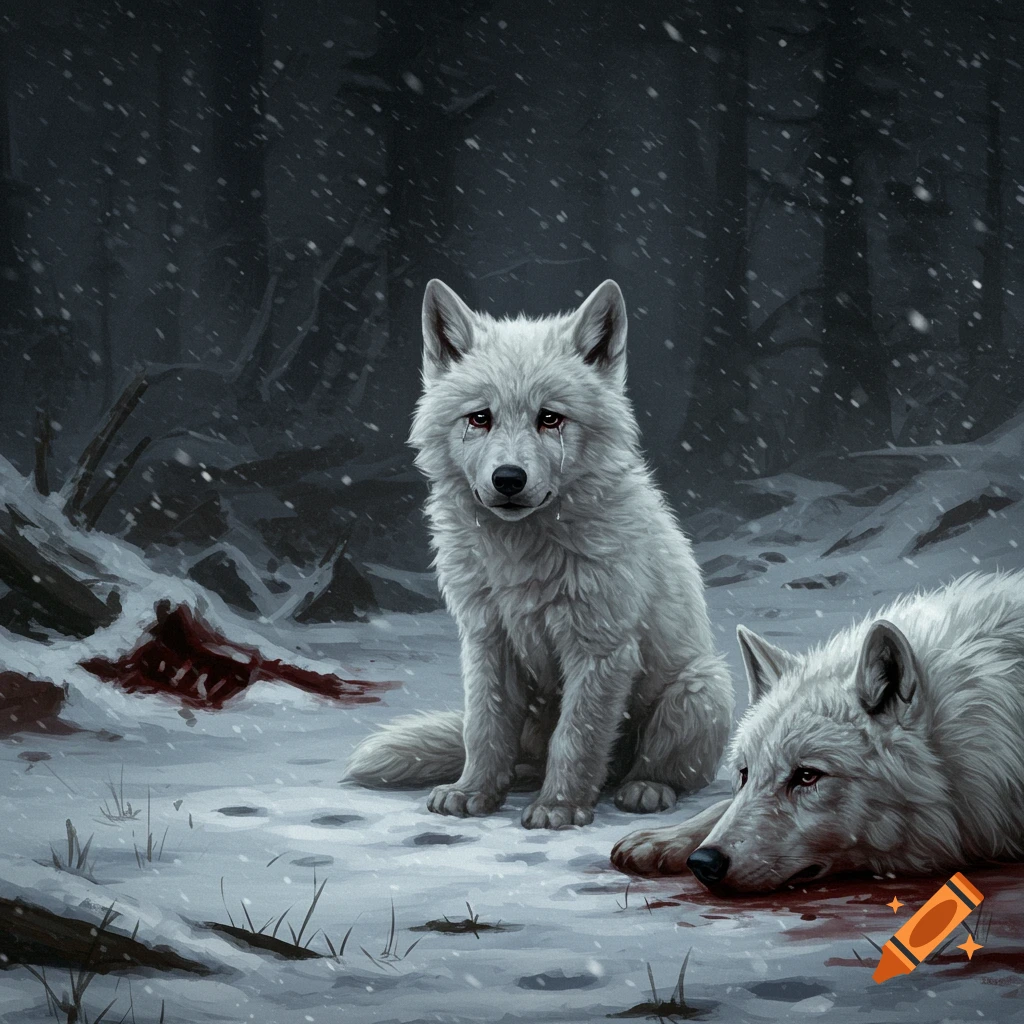 A crying white wolf pup next to a dead wolf in a snowy forest with blood.