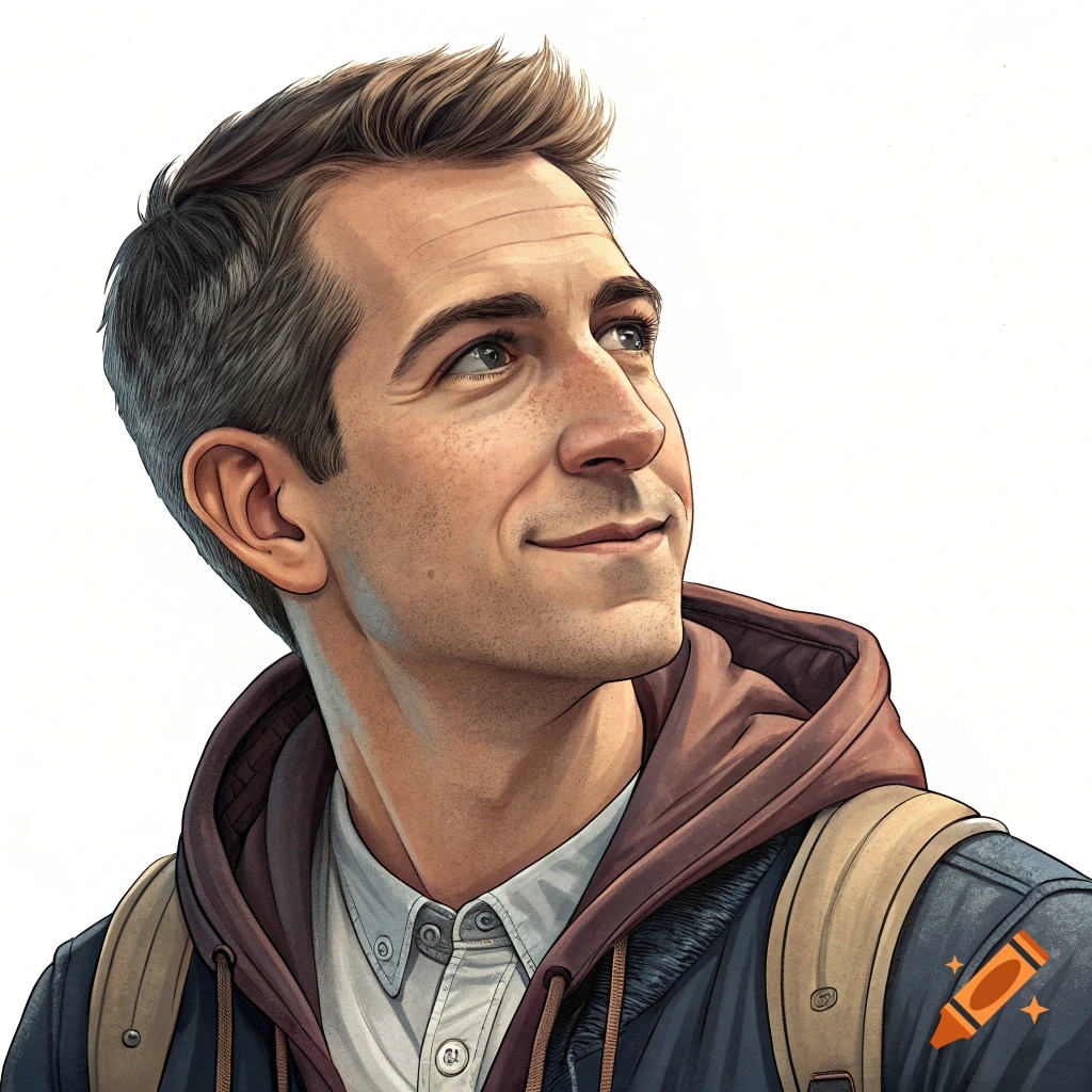 A young man wearing a hoodie and backpack looks up, illustration style.