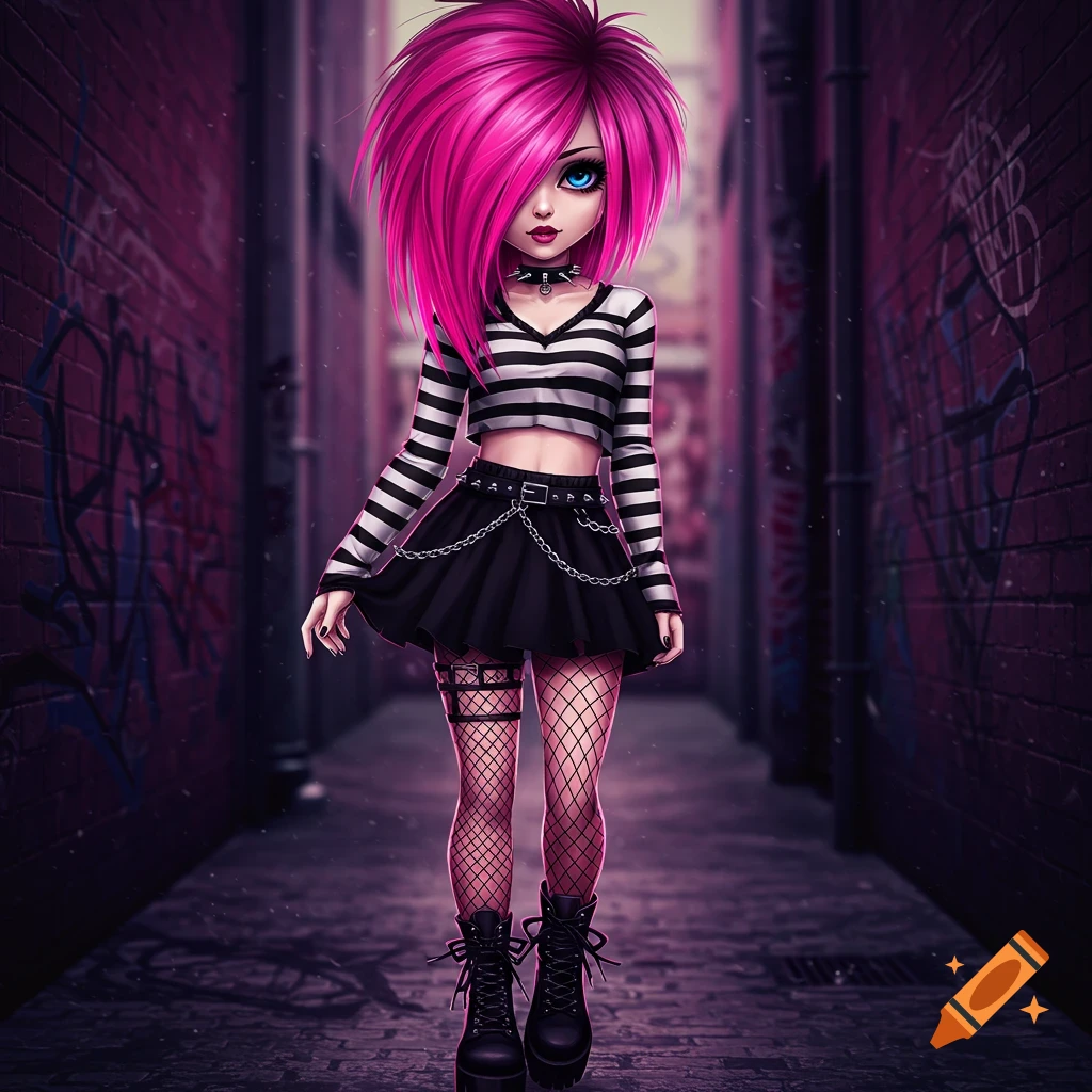 Anime style emo girl with bright pink hair, striped shirt, black skirt, and fishnet stockings standing in a dark alley.