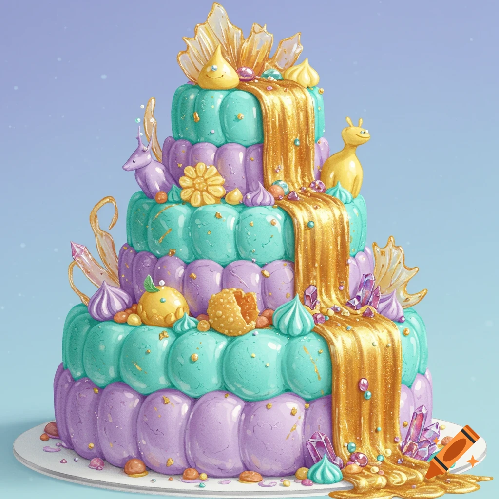 A colorful, multi-tiered whimsical cake decorated with gems, gold frosting, and fantasy creatures.