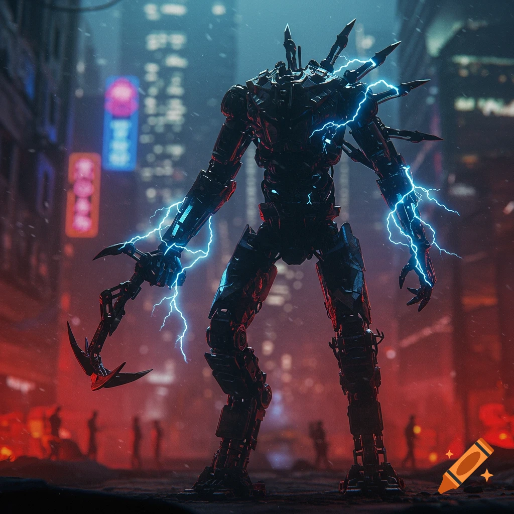A towering humanoid mech with a clawed hand and harpoon launcher stands in a futuristic city street at night, electricity arcing from its back.