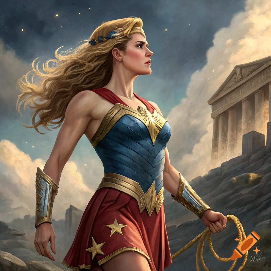 A woman dressed as Wonder Woman stands in front of ancient ruins under a dramatic sky.