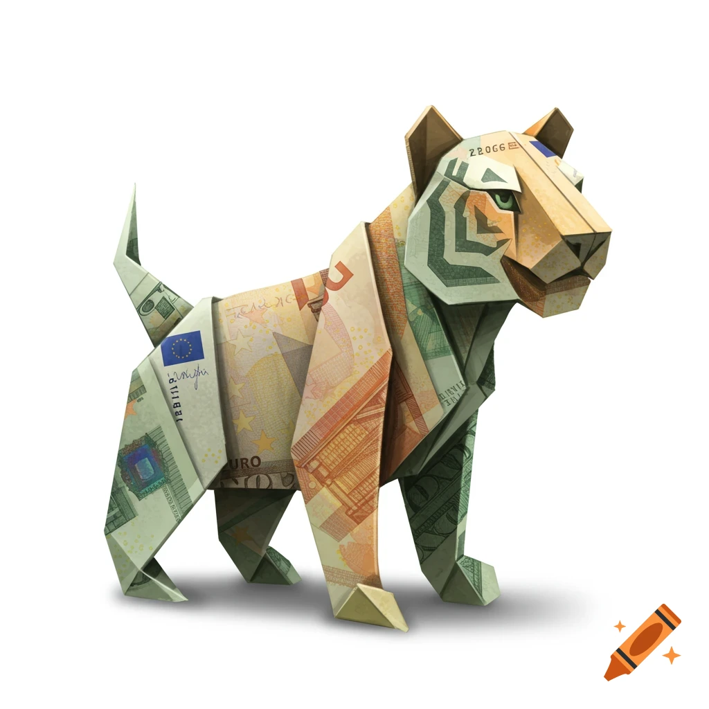 Origami tiger figure made from folded Euro banknotes on a white background.