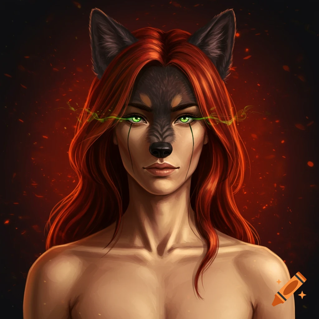 Female figure with a wolf face, red hair, and glowing green eyes.