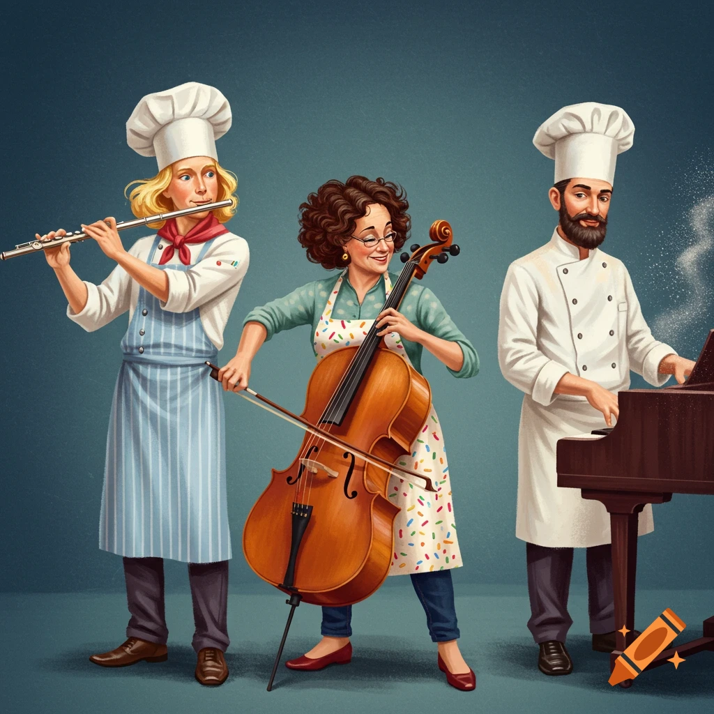 Three musicians dressed as chefs playing flute, cello, and piano.