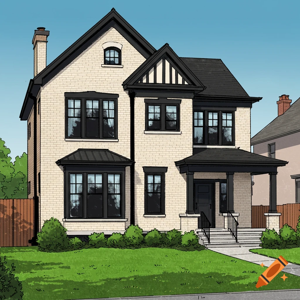 White brick house with black trim, green lawn, and blue sky.